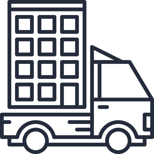 A stylized line drawing of a small moving truck carrying a multi-story building, suggesting relocation or commercial moving services. The truck is depicted in motion, with speed lines beside it.