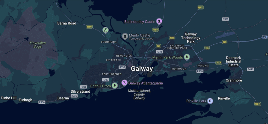 Map showing Galway, Ireland, with landmarks like Galway Atlanticquaria, Merlin Park Woods, and Galway Technology Park, highlighting areas for potential relocation in 2026.