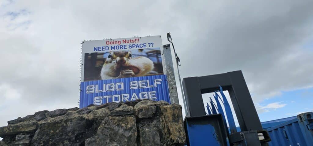 Billboard for Sligo Self Storage featuring a squirrel with the text "Going Nuts!!! NEED MORE SPACE ??".