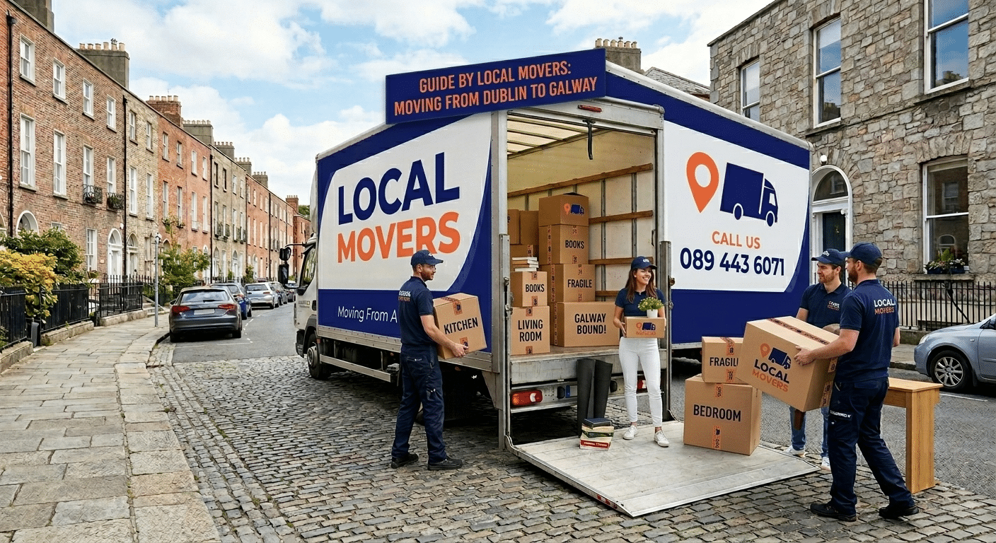 Local Movers truck in Dublin street, movers loading boxes labeled "Kitchen," "Living Room," and "Bedroom." Signage reads "Local Movers" and "Guide by Local Movers: Moving from Dublin to Galway.