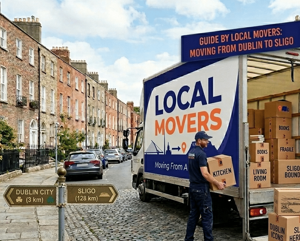 Moving truck from Local Movers in Dublin, Ireland, with a worker loading boxes. A sign points to Dublin City and Sligo, indicating a move from Dublin to Sligo.