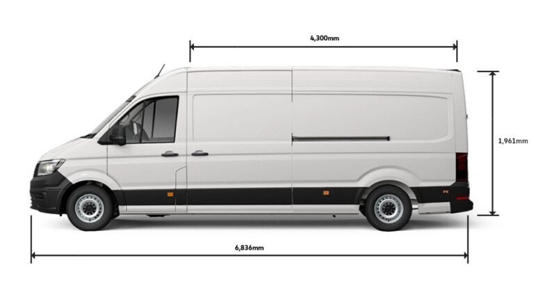 White panel van with dimensions indicated: 6.836m length, 1.961m height, and 4.300m wheelbase. This spacious van is ideal for local movers needing to transport goods efficiently.